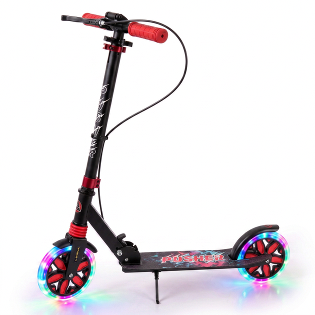Самокат двухколесный складной черный с светящимися колесами 200мм Scooter Pusher 5351 Black - изображение 2