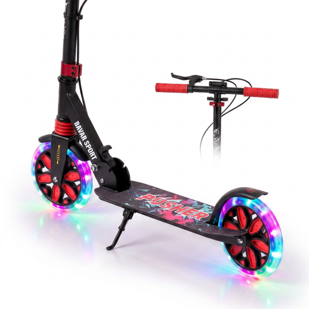 Самокат двухколесный складной черный с светящимися колесами 200мм Scooter Pusher 5351 Black - изображение 6
