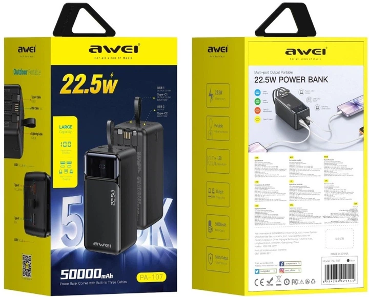 Powerbank Awei PA-107 50000 mAh 22.5W Black (6954284029544) - Zdjęcie 2 Powerbank Awei PA-107 50000 mAh 22.5W Black (6954284029544) - obraz 2