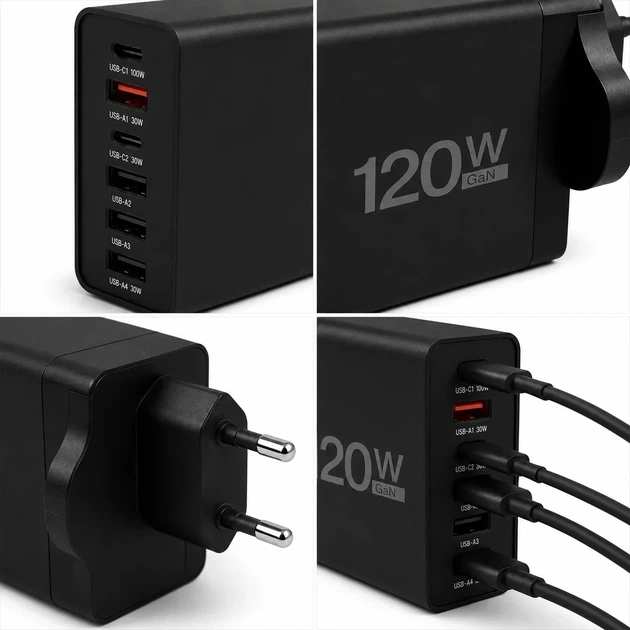 Сетевое зарядное устройство Digital 26X187 GaN 120W на 6 портов, черное - изображение 3
