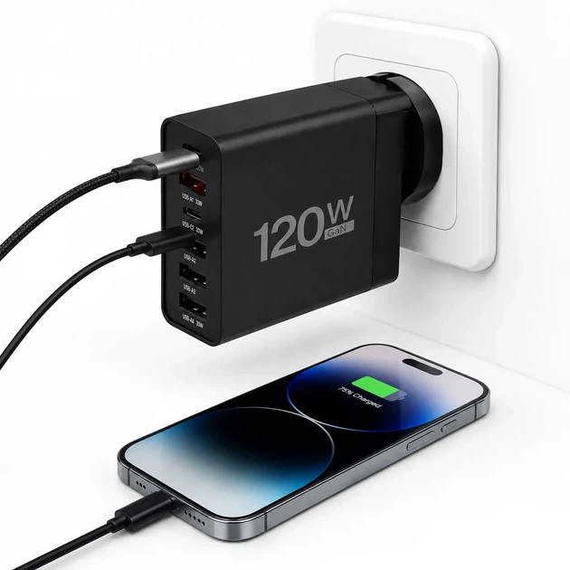 Сетевое зарядное устройство Digital 26X187 GaN 120W на 6 портов, черное - изображение 4