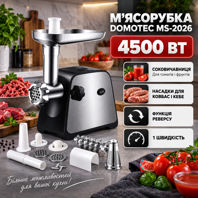 Электромясорубка Domotec MS-2026 4500 Вт мясорубка домашняя для фарша мяса рыбы овощей с соковыжималкой фруктов томатов реверсом 3 решетками дисками колбасной насадкой кеббе стальным ножом защитой от перегрузки - Фото 1 Электромясорубка Domotec MS-2026 4500 Вт мясорубка домашняя для фарша мяса рыбы овощей с соковыжималкой фруктов томатов реверсом 3 решетками дисками колбасной насадкой кеббе стальным ножом защитой от перегрузки - изображение 1