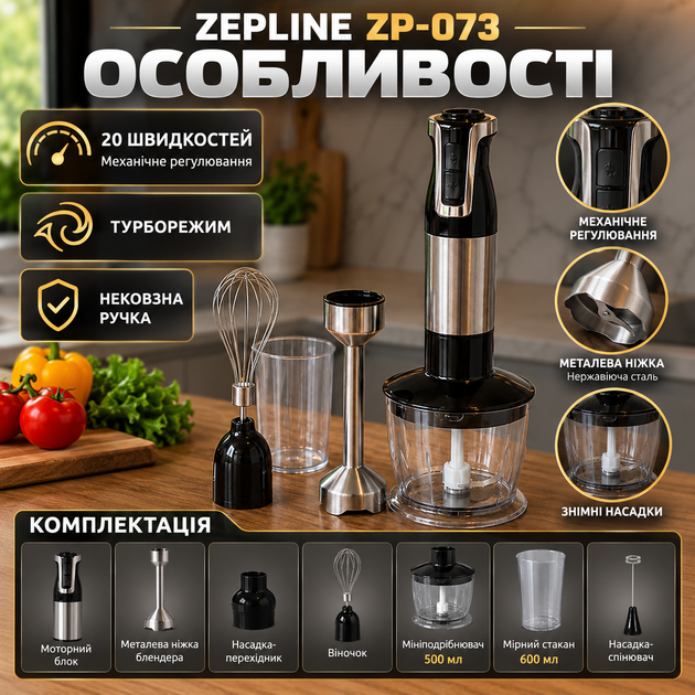 Заглибний блендер Zepline ZP-073 1500 Вт ручний кухонний міксер 20 швидкостей турборежим подрібнювач 500 мл мірний стакан 600 мл віночок спінювач металева ніжка для смузі пюре крем супів соусів дитячого харчування - зображення 2
