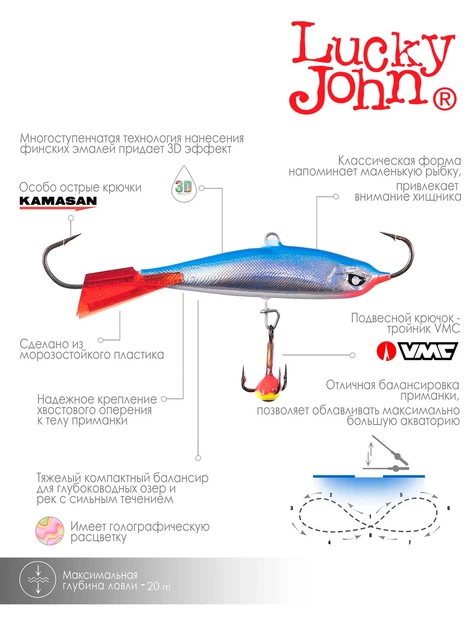 Балансир Lucky John Nordic 6 с тройником, цвет 15HRT, крючки Kamasan - изображение 5