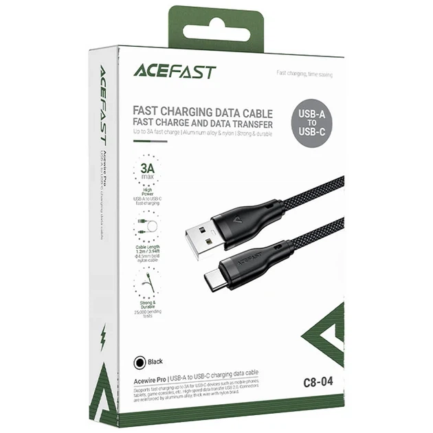 Кабель Acefast C8-04 USB — Type-C 3A 1.2 м плетений чорний - зображення 2