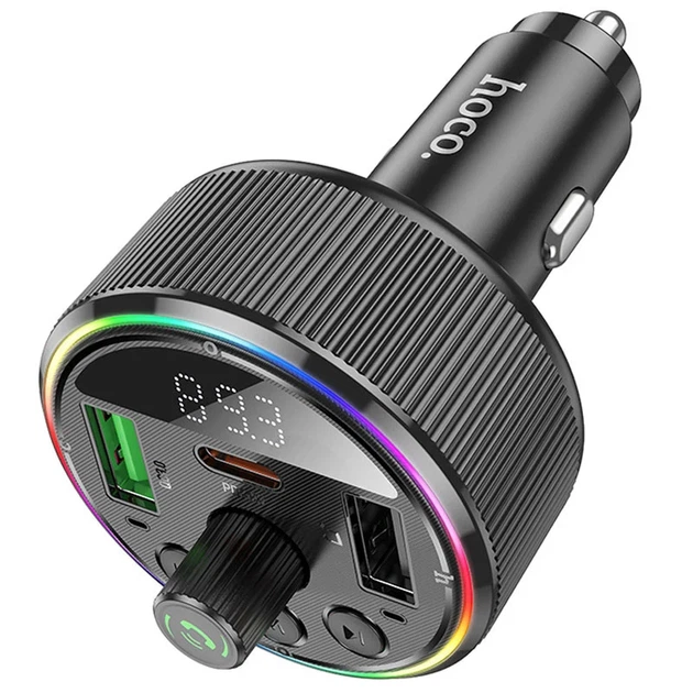 FM модулятор Hoco E82 Guerrero с автозарядкой PD 30W QC 3.0 2xUSB Type-C LED дисплей чёрный - изображение 4