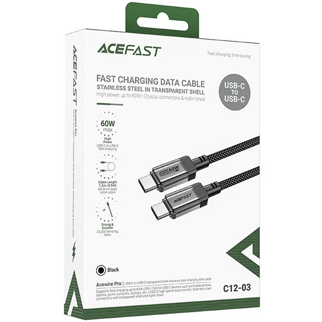 Кабель Acefast C12-03 Type-C — Type-C 60W, 1.2 м, плетений, чорний - зображення 5