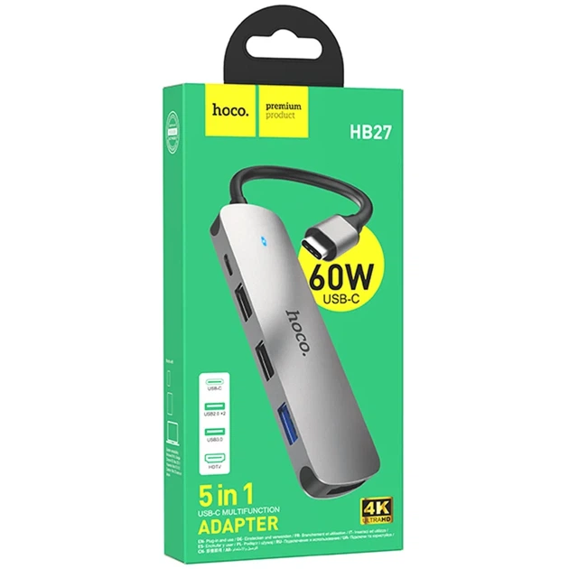 Хаб-перехідник Hoco HB27 Type-C на HDMI USB 3.0 PD 2xUSB 2.0 4K 30Hz сірий - зображення 2