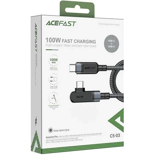 Кабель Acefast C5-03 USB-C — USB-C 100W 2 м кутовий алюмінієвий сплав чорний - зображення 4