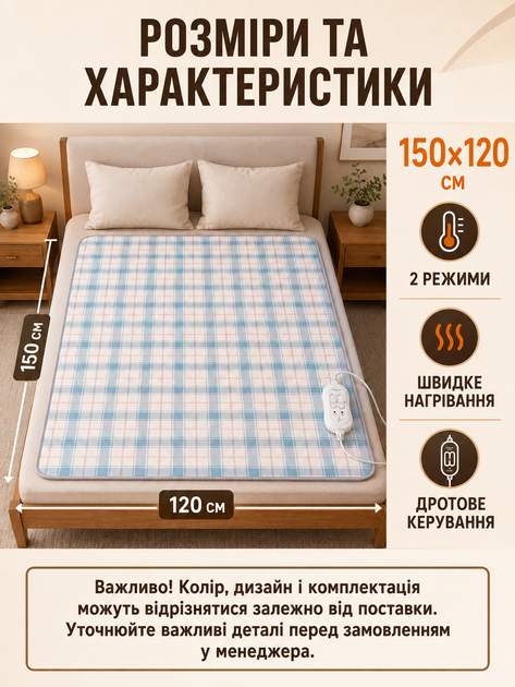 Электропростынь с подогревом 150×120 см, 2 режима нагрева, защита от перегрева, разноцветная (49676368) - изображение 3