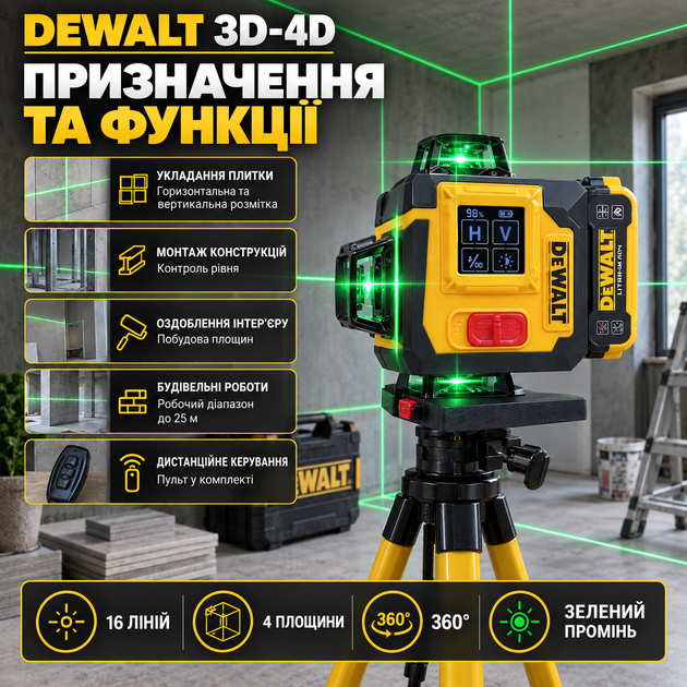 Лазерный нивелир DeWalt 3D 4D аккумуляторный уровень 16 линий зеленый луч 360 градусов 25 м точность ±0,2 мм 2 батареи 5 А·ч штатив магнитный кронштейн пульт кейс для строительства ремонта отделки - изображение 3
