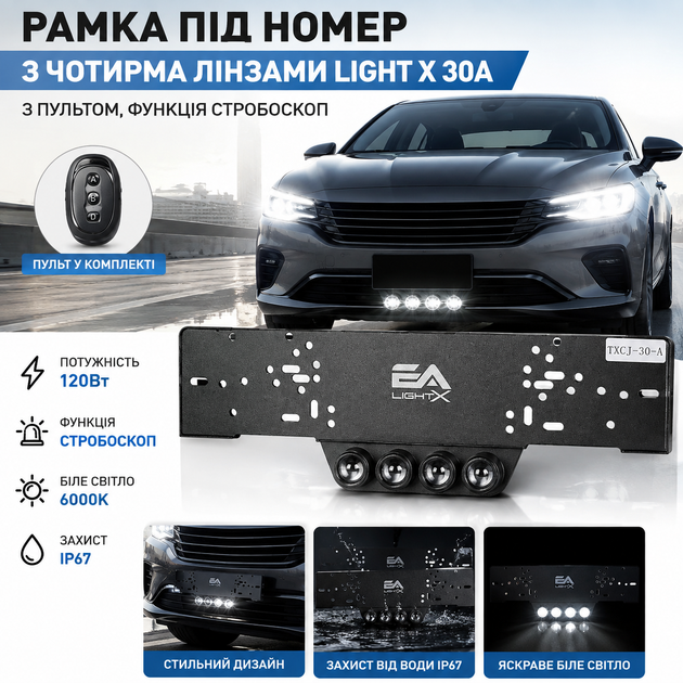 Рамка под номер Light X 30A с 4 линзами - 120W, 12V белый свет и стробоскоп, пульт в комплекте. на подарок мужчине - изображение 2