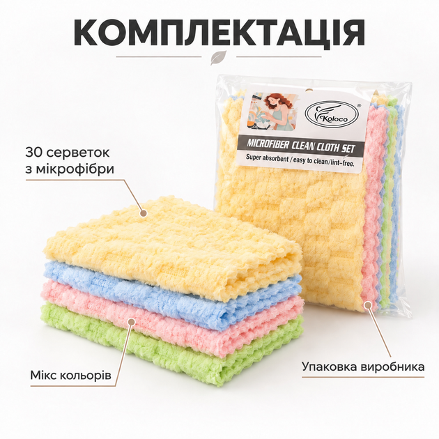 Набір кухонних серветок з мікрофібри 30×30 см 30 шт, Серветки для прибирання, Універсальні ганчірки для кухні та дому - Фото 2 Набір кухонних серветок з мікрофібри 30×30 см 30 шт, Серветки для прибирання, Універсальні ганчірки для кухні та дому - зображення 2