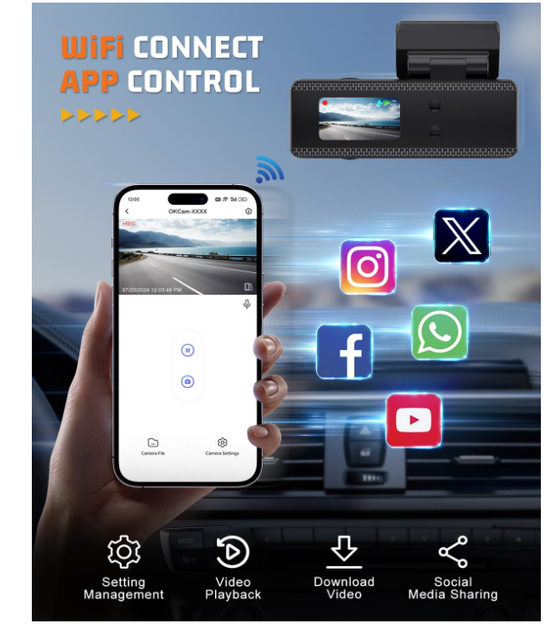 Видеорегистратор автомобильный 4K+1080P Front Rear, 64GB, WiFi, ночное видение, 24H Parking Mode, G-Sensor, WDR - изображение 2