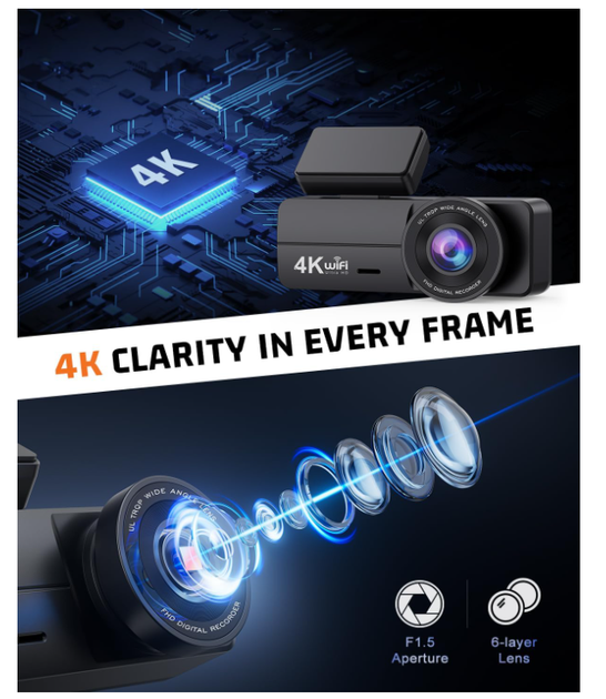 Видеорегистратор автомобильный 4K+1080P Front Rear, 64GB, WiFi, ночное видение, 24H Parking Mode, G-Sensor, WDR - изображение 3