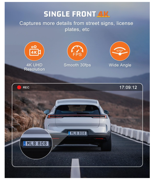 Видеорегистратор автомобильный 4K+1080P Front Rear, 64GB, WiFi, ночное видение, 24H Parking Mode, G-Sensor, WDR - изображение 6