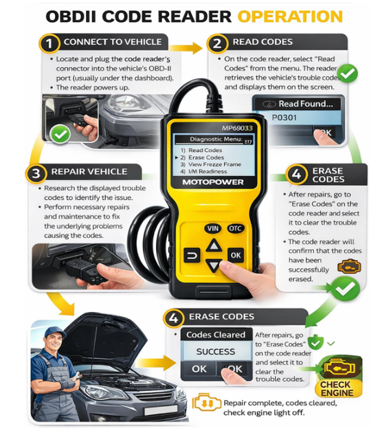 OBD2 сканер MOTOPOWER MP69033 для авто, диагностический автосканер CAN, считыватель кодов ошибок двигателя - изображение 5