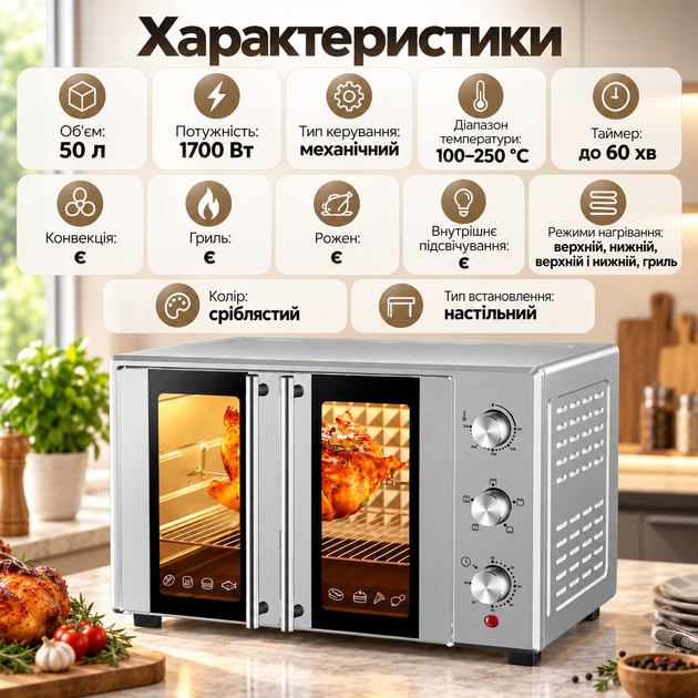 Настольная электродуховка SOKANY SK-10027 50 л 1700 Вт с конвекцией грилем вертелом Мини-печь 100–250°C Духовой шкаф для выпечки пиццы мяса - изображение 2