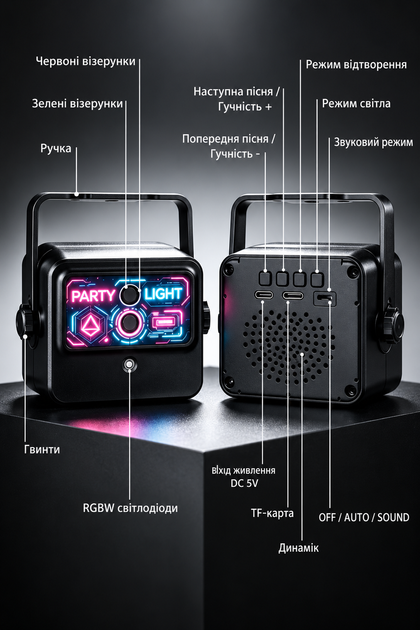 Лазерная диско-установка 3-в-1 Party Light с Bluetooth-колонкой, стробоскопом, реакцией на звук, пультом управления и TF/microSD - изображение 5