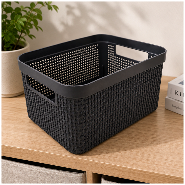 Корзина для хранения белья Ротанг 6л черный 28x19x14 см пластиковый органайзер SQ-26434 - Фото 1 Корзина для хранения белья Ротанг 6л черный 28x19x14 см пластиковый органайзер SQ-26434 - изображение 1