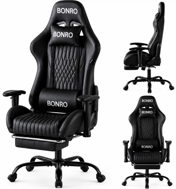 Кресло геймерское Bonro 1002G-1 черное из экокожи с выдвижной подставкой для ног и подушками (125-76-42401214) - изображение 2