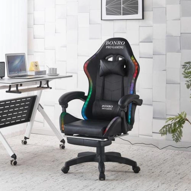 Кресло геймерское Bonro B-144 черное из экокожи с RGB подсветкой и массажной подушкой (125-76-42401046) - изображение 7