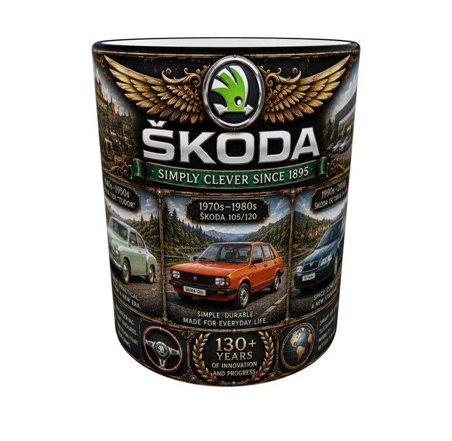 Кружка (чашка) с принтом история Škoda | серия AUTO LEGENDS | Керамическая 330 мл | чёрная ручка - изображение 3