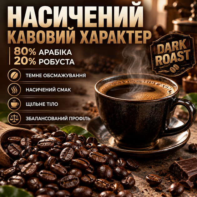 Кава в зернах 1,01 кг 80% арабіка 20% робуста темного обсмажування Dark Roast зернова кава насиченого збалансованого смаку з шоколадними нотами щільним тілом для кавомашини турки френч преса - зображення 2