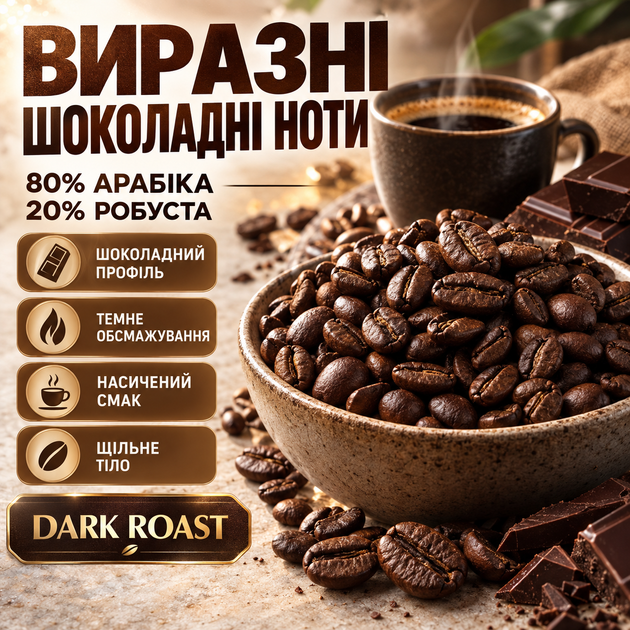 Кава в зернах 1,01 кг 80% арабіка 20% робуста темного обсмажування Dark Roast зернова кава насиченого збалансованого смаку з шоколадними нотами щільним тілом для кавомашини турки френч преса - зображення 3