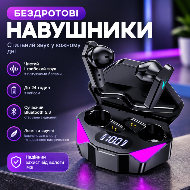 Игровые геймерские беспроводные наушники, Bluetooth TWS X15 стерео гарнитура с микрофоном зарядным кейсом и подсветкой - Фото 1 Игровые геймерские беспроводные наушники, Bluetooth TWS X15 стерео гарнитура с микрофоном зарядным кейсом и подсветкой - изображение 1
