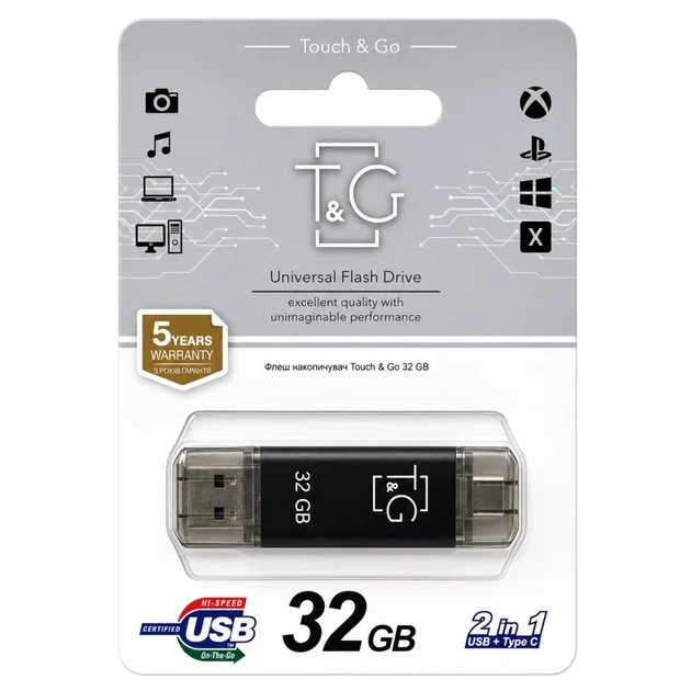 Флешка T&G Star 32 ГБ USB 2.0 Type-C металлическая с крышкой черная - изображение 2