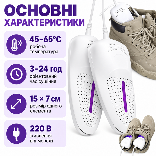 Електрична сушарка для взуття з УФ для кросівок черевиків бутс берц рукавичок дитячого 35–45 прилад сушіння портативна похідна - зображення 2