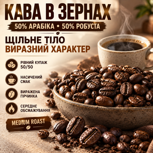 Зерновой кофе арабика робуста 1010 г купаж 50 на 50 средняя обжарка крепкий ароматный кофе с ярким вкусом плотным телом выраженной горчинкой для эспрессо кофемашины фильтра турки аэропресса - Фото 1 Зерновой кофе арабика робуста 1010 г купаж 50 на 50 средняя обжарка крепкий ароматный кофе с ярким вкусом плотным телом выраженной горчинкой для эспрессо кофемашины фильтра турки аэропресса - изображение 1