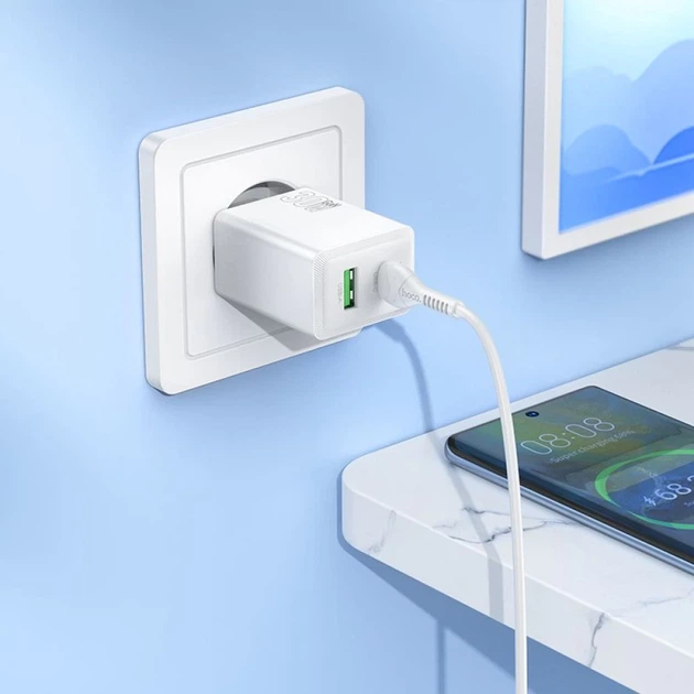 Мережевий зарядний пристрій Hoco N71 USB A + USB C QC3.0 3A 30W + кабель USB C White (6942007670944) - зображення 3
