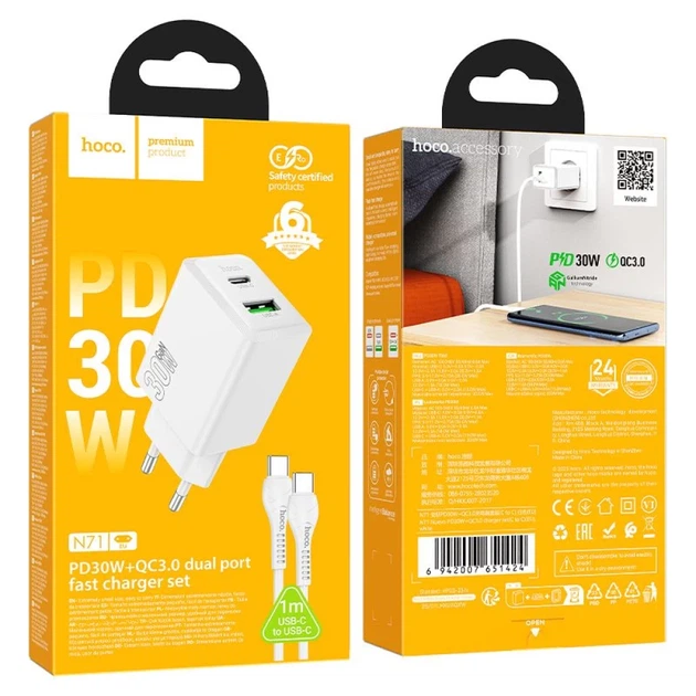Мережевий зарядний пристрій Hoco N71 USB A + USB C QC3.0 3A 30W + кабель USB C White (6942007670944) - зображення 4