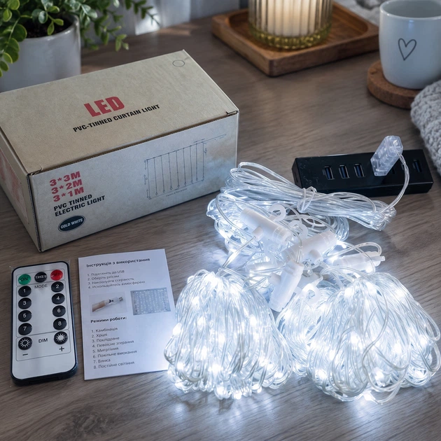 Штора Роса Люкс (силіконова оболонка) з гачками від USB, 3x3 метри, 300 LED, Холодний білий - Фото 2 Штора Роса Люкс (силіконова оболонка) з гачками від USB, 3x3 метри, 300 LED, Холодний білий - зображення 2