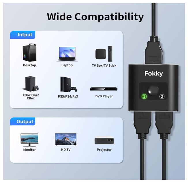 HDMI Switch 4K 60Hz 2×1 / 1×2, двонаправлений HDMI перемикач та спліттер, розгалужувач HDMI, 3D 1080P, алюмінієвий корпус - Фото 2 HDMI Switch 4K 60Hz 2×1 / 1×2, двонаправлений HDMI перемикач та спліттер, розгалужувач HDMI, 3D 1080P, алюмінієвий корпус - зображення 2