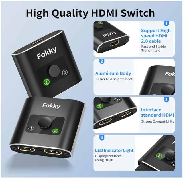 HDMI Switch 4K 60Hz 2×1 / 1×2, двонаправлений HDMI перемикач та спліттер, розгалужувач HDMI, 3D 1080P, алюмінієвий корпус - Фото 3 HDMI Switch 4K 60Hz 2×1 / 1×2, двонаправлений HDMI перемикач та спліттер, розгалужувач HDMI, 3D 1080P, алюмінієвий корпус - зображення 3