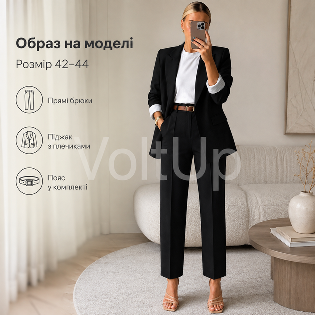 Женский Черный костюм на подкладке из костюмной ткани люкс пиджак и брюки, размер 42-44 - изображение 4
