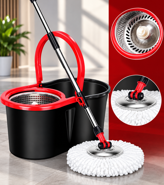 Швабра з відром Spin Mop 360, 10 л, турбо віджимання, телескопічна ручка, мікрофібра - Фото 1 Швабра з відром Spin Mop 360, 10 л, турбо віджимання, телескопічна ручка, мікрофібра - зображення 1