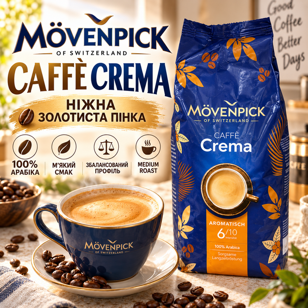 Кава Movenpick Caffe Crema у зернах 1010 г середнього обсмажування 100% арабіка ароматна зернова кава какао шоколад фруктові ноти легка кислинка ніжна пінка для еспресо капучино лате - Фото 1 Кава Movenpick Caffe Crema у зернах 1010 г середнього обсмажування 100% арабіка ароматна зернова кава какао шоколад фруктові ноти легка кислинка ніжна пінка для еспресо капучино лате - зображення 1