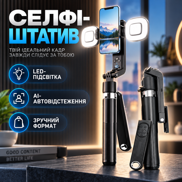Селфі-штатив Q515 зі світлодіодним підсвічуванням та AI-автовідстеженням - Фото 1 Селфі-штатив Q515 зі світлодіодним підсвічуванням та AI-автовідстеженням - зображення 1
