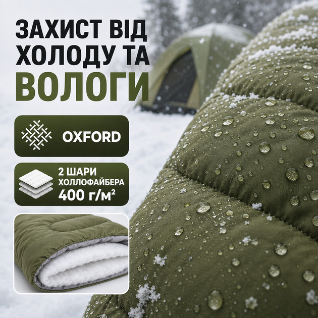 Зимовий спальний мішок-ковдра з USB-підігрівом 215×65 см до -30°C, водостійкий Oxford, подвійний холлофайбер 400 г/м², з капюшоном, олива - Фото 4 Зимовий спальний мішок-ковдра з USB-підігрівом 215×65 см до -30°C, водостійкий Oxford, подвійний холлофайбер 400 г/м², з капюшоном, олива - зображення 4
