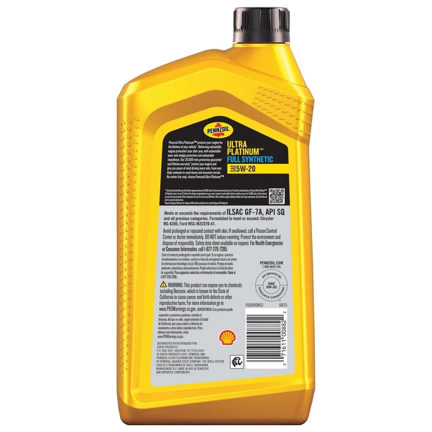 Моторное масло Pennzoil Ultra Platinum Full Synthetic 5W-20 Motor Oil, 1 Quart / 946 ml - изображение 2