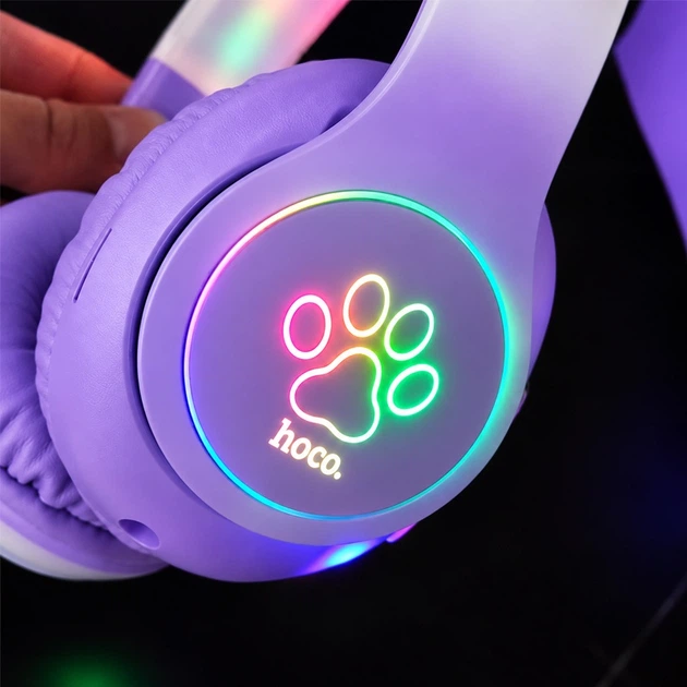 Беспроводные Bluetooth наушники HOCO W42 Cat Ears с кошачьими ушками, LED-подсветкой, TF AUX до 10 ч Фиолетовые с белым - изображение 8