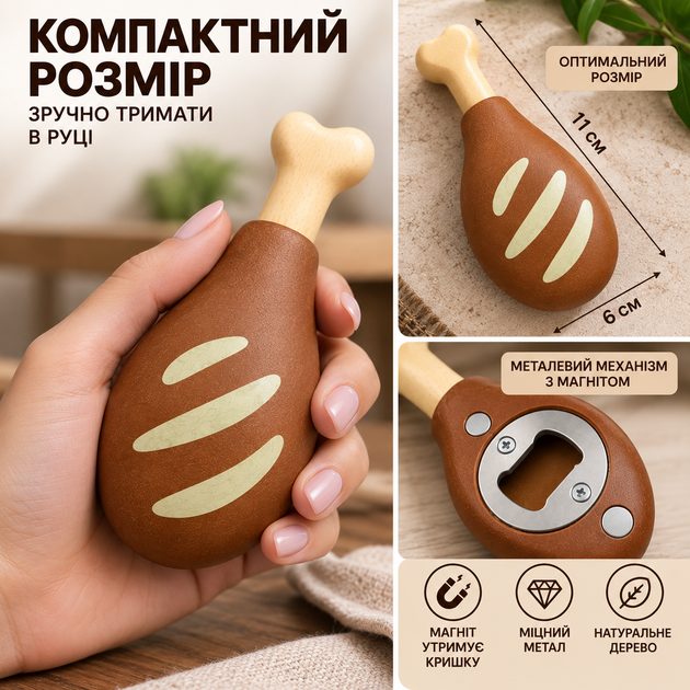 Открывалка для бутылок деревянная с магнитом Куриная ножка 11х6 см - изображение 3