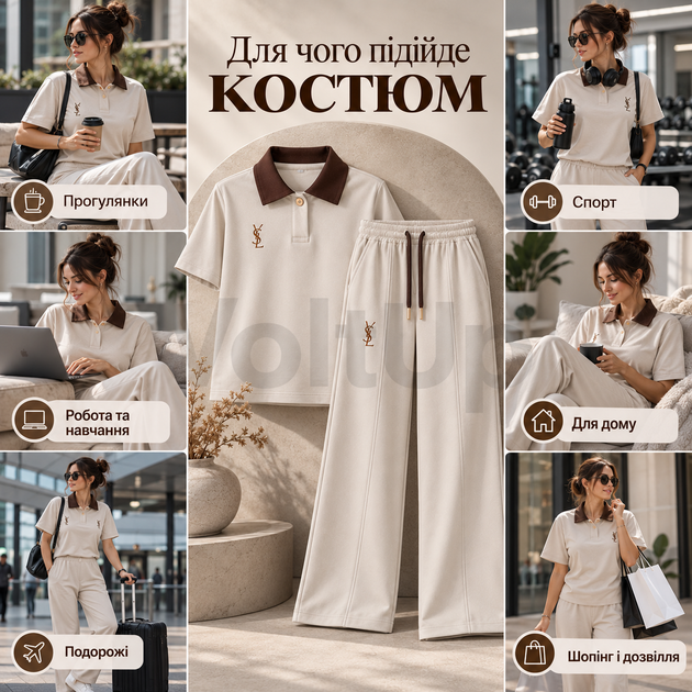 Женский костюм 48–50 бежевый из турецкой двунитки, футболка-поло с коротким рукавом и брюки свободного кроя - изображение 3