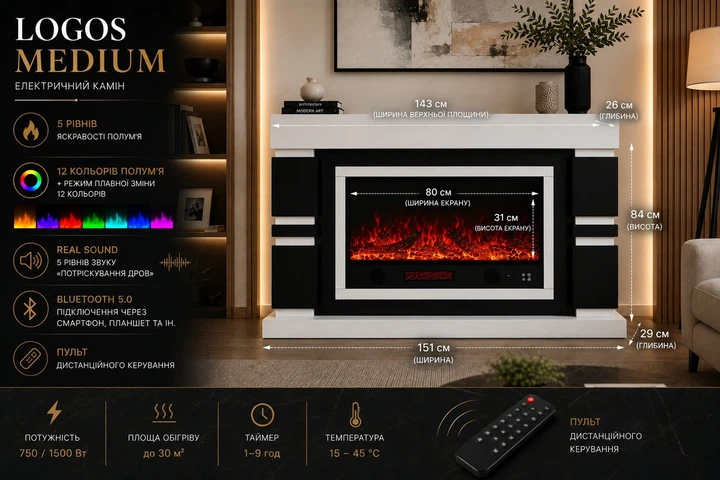 Электрический камин Logos Medium 1500 Вт с порталом, звук потрескивания дров (10080134) - изображение 4
