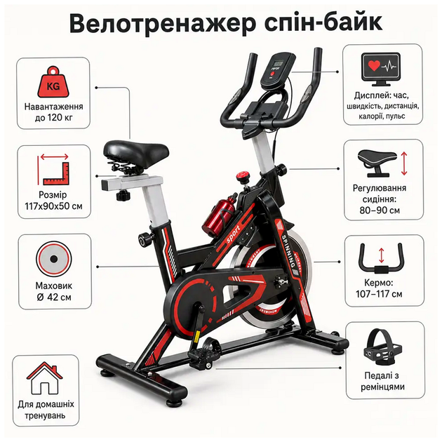 Велотренажер механический до 120 кг с дисплеем для домашних тренировок Спин байк SQ-29567 - изображение 10