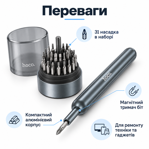 Многофункциональный набор магнитных отверток HOCO UT11 31 в 1, Отвертка с насадками, Набор бит для ремонта техники - изображение 4